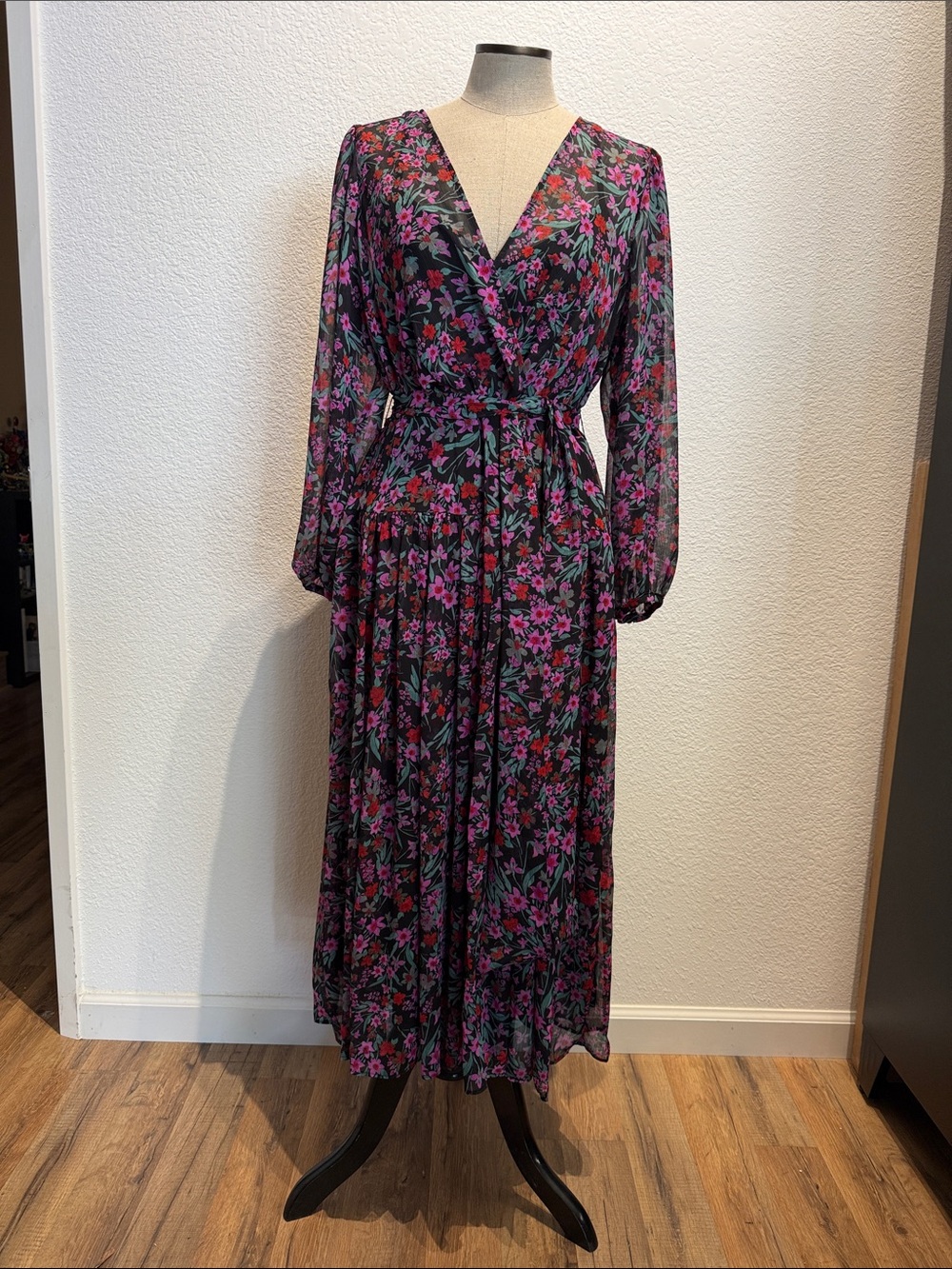 Calvin Klein Black Maxi Dress with Pink & Purple Floral Print
